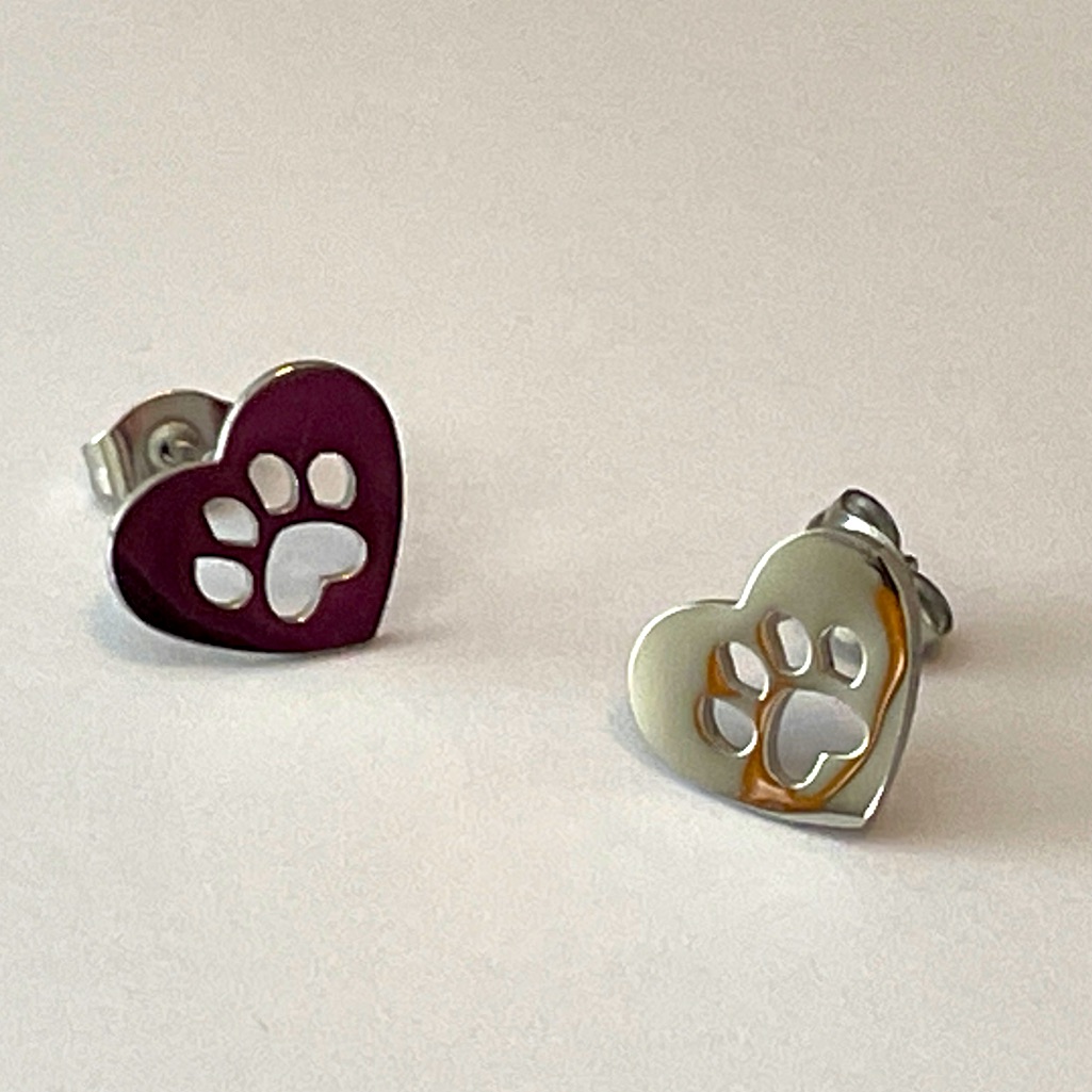 Love My Pet Paw Stud Earrings - Silver Cut Out Cute Gift Dog Cat Animal Lover